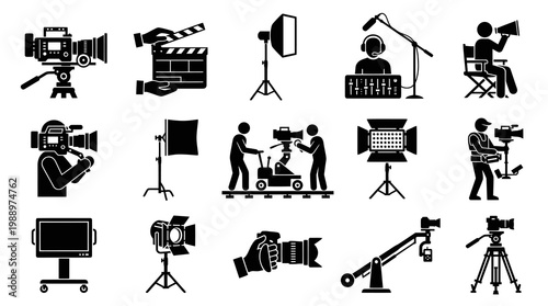 Film Production Equipment Icons - Camera, Lights, Sound, Clapperboard, Boom Mic, Dolly
