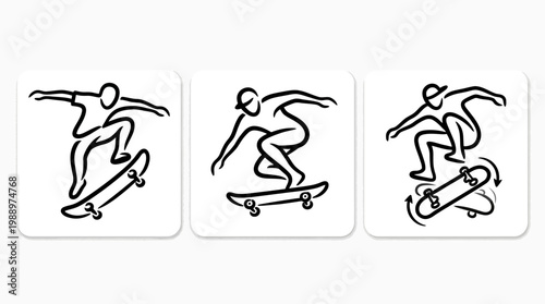 Skateboarder Performing Tricks in Black and White Line Art.