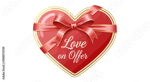 Heartshaped box with a red ribbon and love on offer message