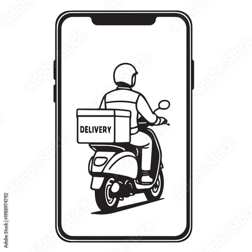 Modern vector illustration of a phone screen showing a motorbike courier, highlighting app connectivity, real time delivery, and smart technology for logistics and service solutions.