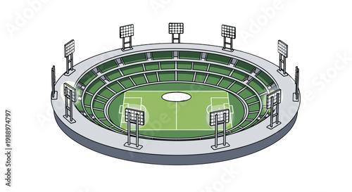 Illustration of a modern outdoor stadium with floodlights and seating