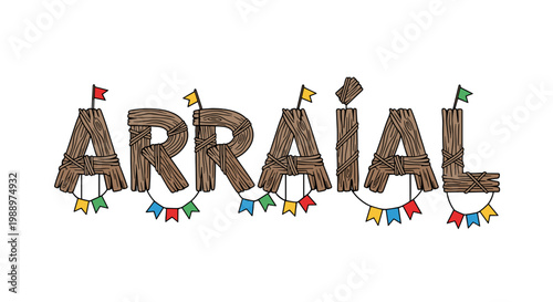 Colorful wooden letters spelling arraial decorated with flags