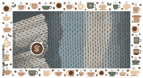 Closeup of textured knitted fabric with various shades of blue and gray