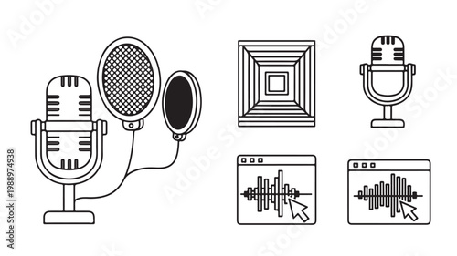 Microphones and audio waveform illustrations for podcasting and voiceover work