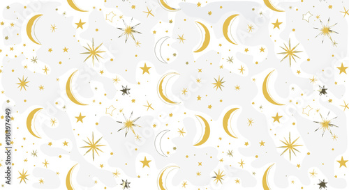 Elegant celestial pattern with moons stars and sparkles
