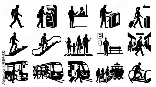 Public Transport Travel Icons Set - Commuting and Urban Life Silhouette Glyphs