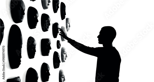 Mask Collector Silhouette Minimalist black and white vector illustration featuring a silhouette of a thoughtful man reaching out to touch one of many enigmatic human face masks mounted.