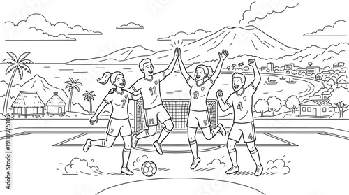 Soccer Team Celebrates Victory with High Fives and Joyful Expressions.