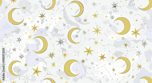 Festive celestial pattern with moons stars and sparkles