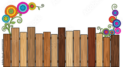 Colorful decorative flowers growing over wooden fence