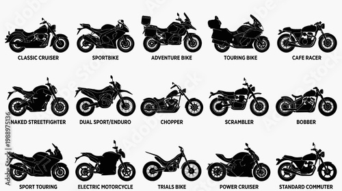 Automotive Motorcycle Types Vector Silhouettes Set Black White Icons Collection