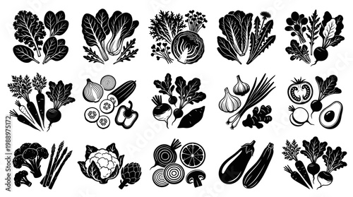 Food Industry Black  White Glyph Icons: Fresh Vegetables  Healthy Produce Collection