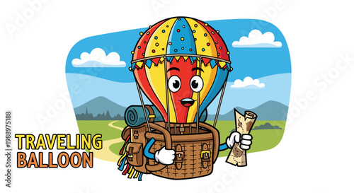 Cartoon hot air balloon with smiling face flying over scenic landscape