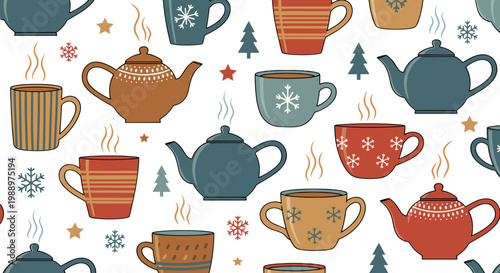 Pattern of colorful teapots and cups with snowflakes