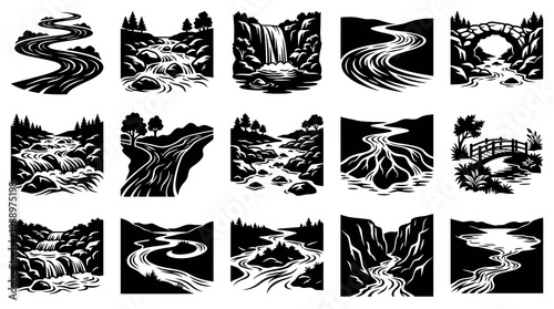 Nature Landscape River Waterway Silhouette Icons Set - Black and White Vector Collection