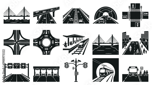 Transportation and Infrastructure Glyph Icons Set: Roads, Bridges, Tunnels, Public Transport, Traffic