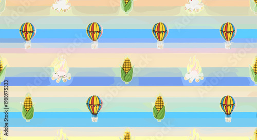 Colorful hot air balloons floating over a vibrant striped landscape