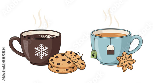 Warm beverage with cookies and tea bag on cozy winter background