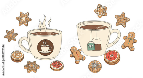 Cute illustrated cups of hot chocolate with cookies and gingerbread