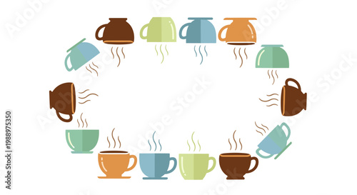 Colorful coffee cups steaming in a circular pattern