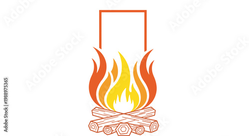 Fire pit with logs and flames on a for outdoor use