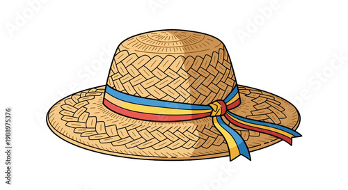 Straw hat with colorful ribbon and woven texture on a plain background
