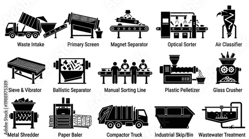Recycling Waste Management Industrial Process Machinery Glyph Icon Set