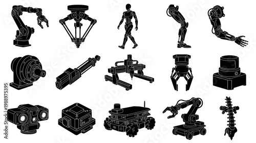 Robotics  Automation Industrial Robot Arms, Humanoid  Component Black White Glyph Icons