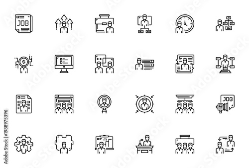 Human Resources icon set. Vector line icons for Job, Career, Strategy, Interview, Resume, and more. Minimalist business collection.