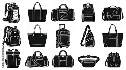 Fashion and Travel Bags Black Silhouette Vector Icon Set: Backpacks, Totes, Luggage