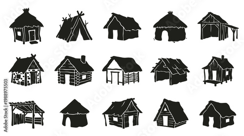 Black and White Silhouette Set of Primitive Hut and House Icons