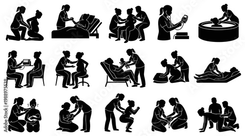Maternity Care and Childbirth Process Black  White Glyph Icons