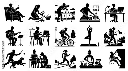 Lifestyle Daily Activities Black  White Glyph Icons Set for Leisure, Hobbies  Work