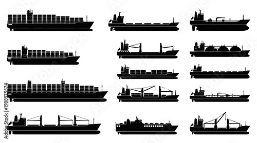 Maritime Shipping Ships Silhouettes - Cargo, Tanker, Container Vessels Vector Set