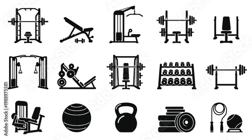 Fitness Gym Equipment Black and White Glyph Icons Vector Set for Workout and Sport