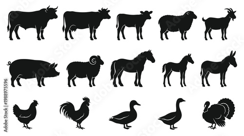 Farm Animals Silhouette Icons Black  White Livestock Vector Set