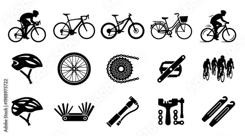Black and White Icons of Cycling Equipment and Bicycles