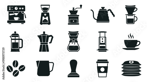 Coffee Icons Set - Glyph Style Beverage Making Equipment, Drinks  Beans Collection
