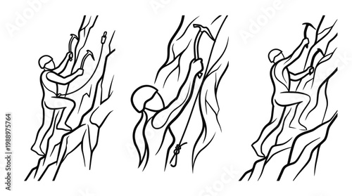 Silhouette Climbers Ascending Rocky Cliffs with Ice Axes and Ropes.