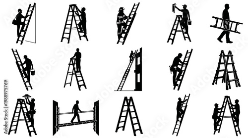 Black  White Silhouettes of People on Ladders, Construction  DIY