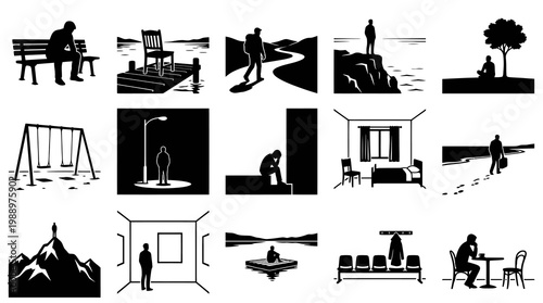 Solitude and Loneliness Concepts: Man Sitting Alone, Sadness, Depression, Isolation Icons