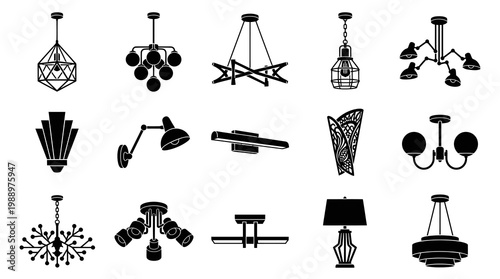 Black  White Glyph Icons of Modern Home Lighting Fixtures