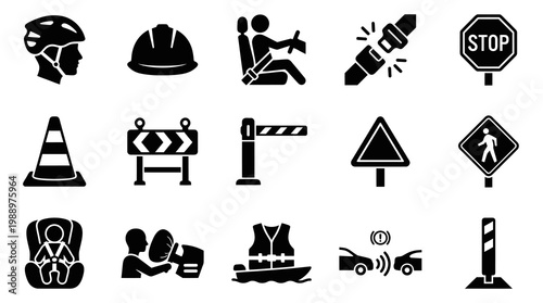 Safety Icons: Helmet, Seatbelt, Stop Sign, Traffic Cone, Barrier, Pedestrian Crossing, Car Seat, Life Vest
