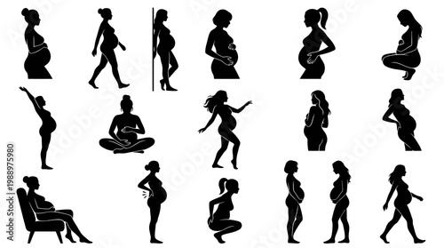 Silhouette pregnant women diverse poses black and white vector art