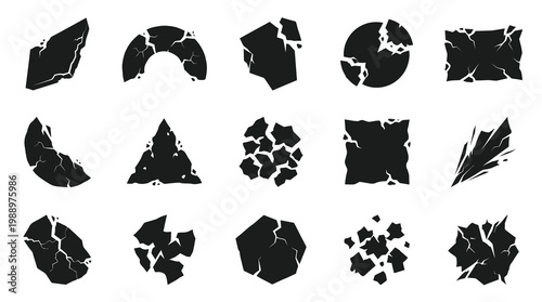 Black Cracked Abstract Shapes Set, Grunge Texture Vector Elements