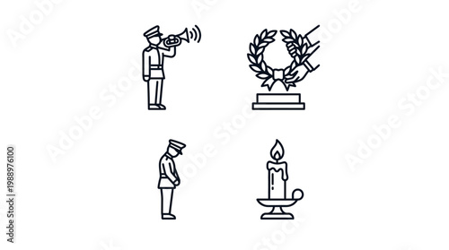 Soldiers salute a war remembrance icon with a trumpet and candle lit in reverence