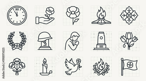 A collection of symbolic Glyph icons featuring various objects and Glyphs including a clock, hand holding flower, peace symbols, and flags arranged in rows on a clean surface.