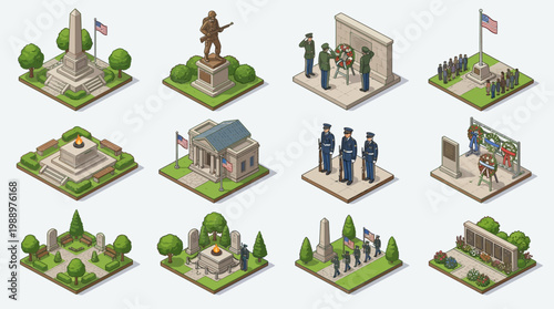 Isometric vector icon depicting various memorial structures and war veterans in a cemetery setting with flags and trees.