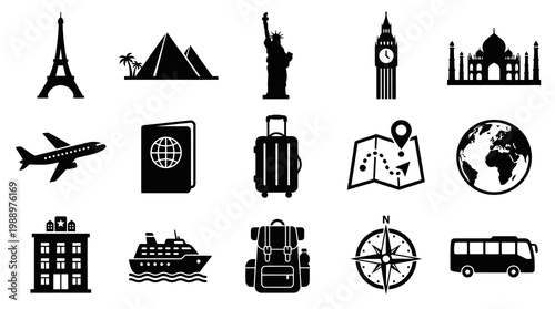Travel Icons Set Glyph Black White Eiffel Tower Taj Mahal Airplane Globe