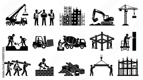 Black and White Construction Site Icons: Workers, Cranes, Excavators, Cement Mixer